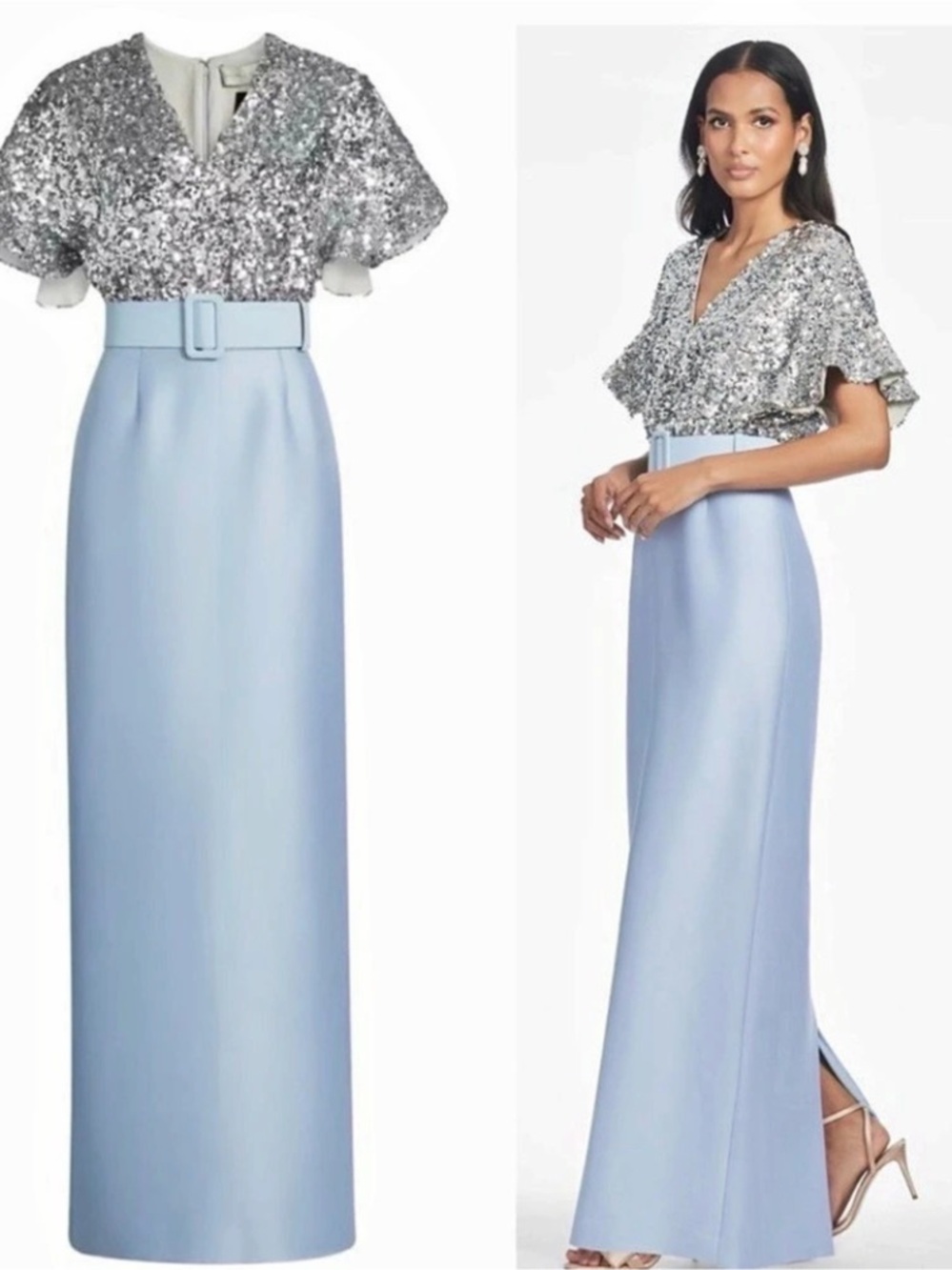 Sachin & Babi Marlene Gown Sequin Maxi Dress Blue & Silver
